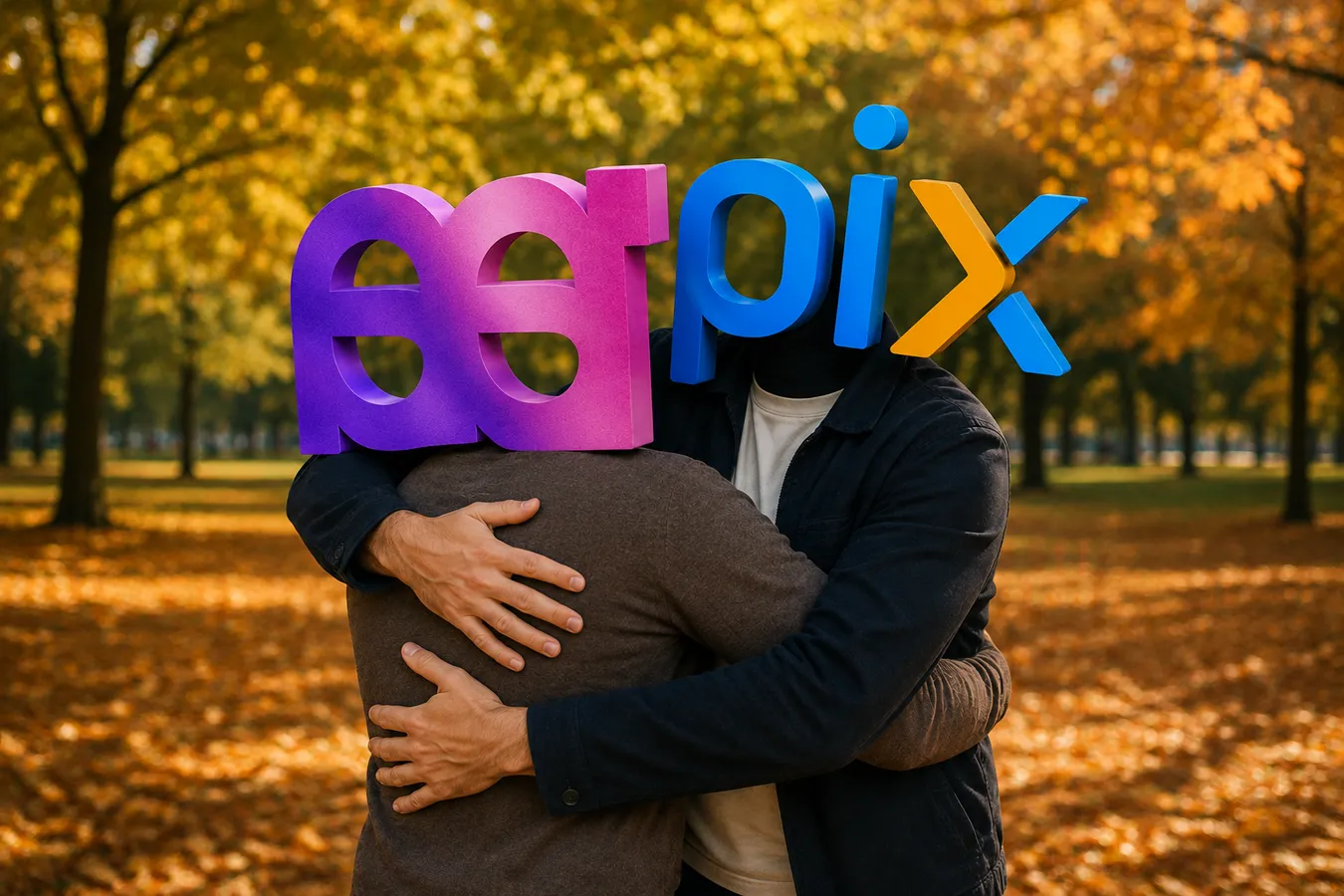 Magistrae et Pix.fr se prenant dans les bras l'un de l'autre un jour d'automne