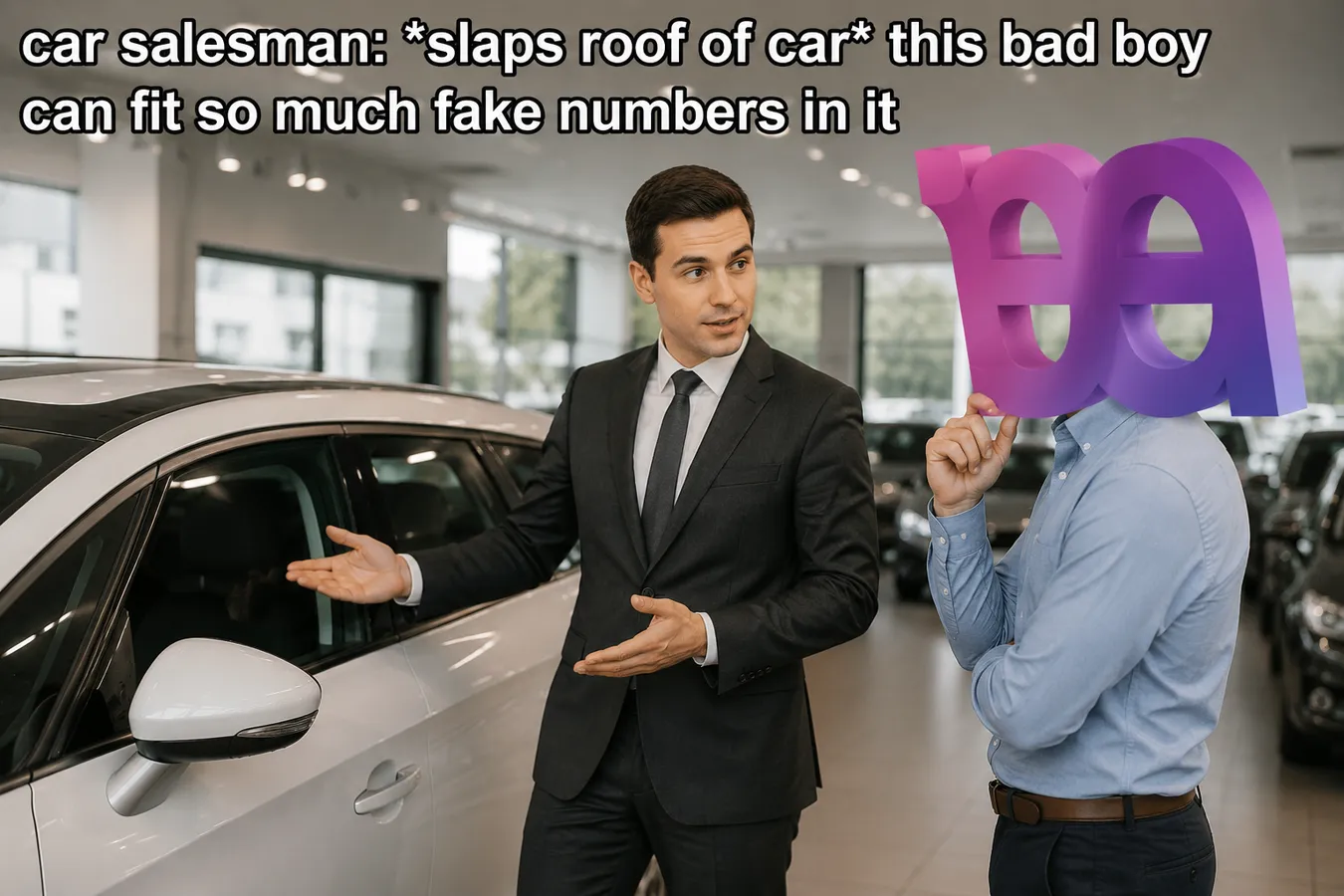Reprise du meme "this car can fit meme" avec un commercial représentant le marché du LMS et de la formation en général présentant ses chiffres douteux à Magistrae qui se questionne. Le texte : "car salesman: *slaps roof of car* this bad boy can fit so much fake numbers in it"